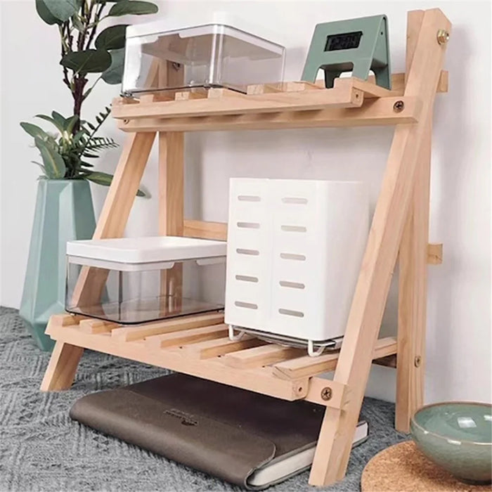 Multi-function Double Layer Flower Pot Storage Rack Foldable Wooden Shelf - 2