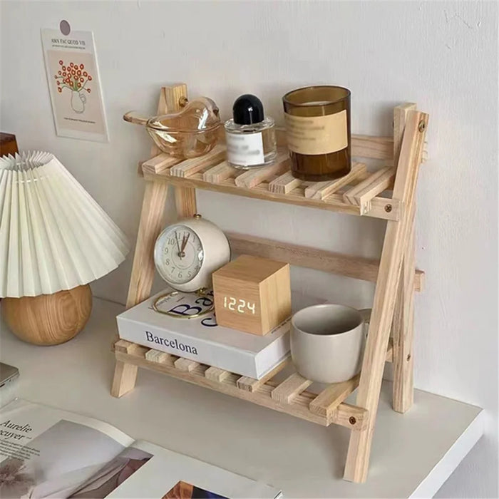 Multi-function Double Layer Flower Pot Storage Rack Foldable Wooden Shelf - 3