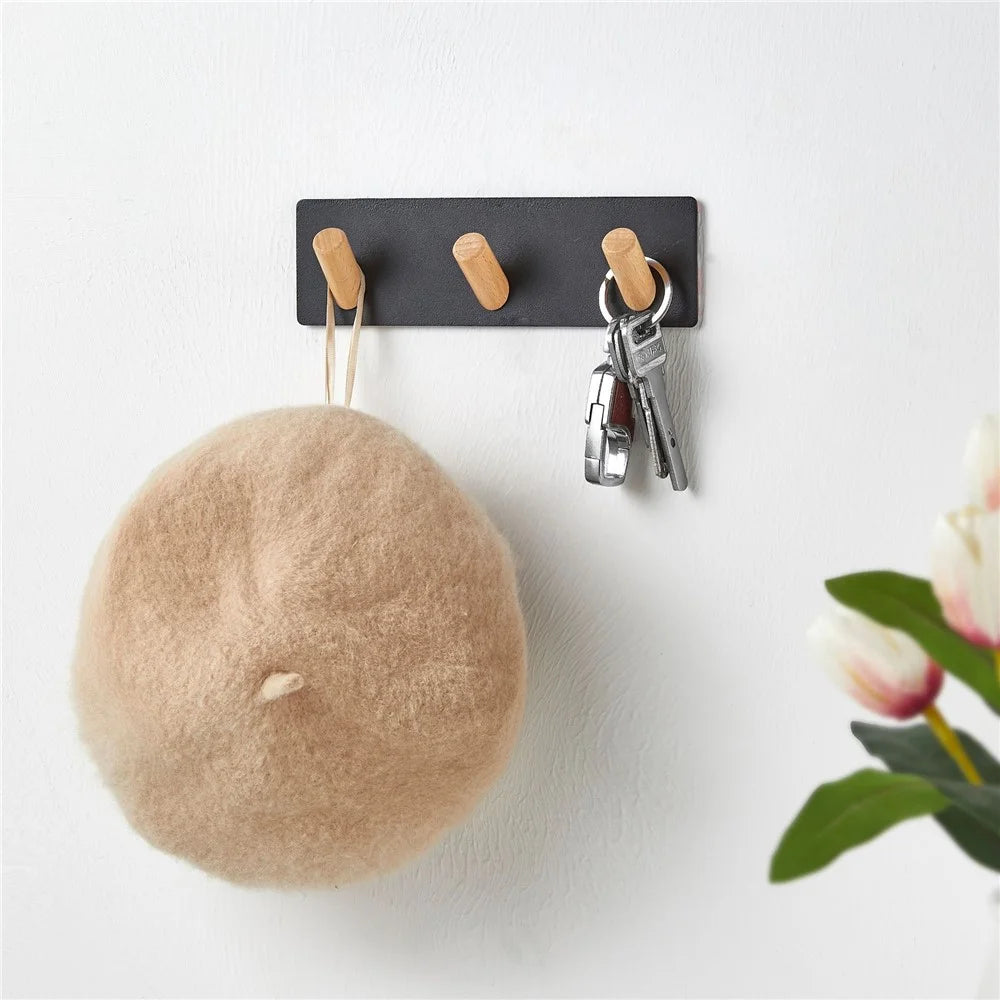3-Hook Punch-free Magnetic Hanging Rack Carbon Steel + Beech Hat Key Hanging Hook - Black - 2