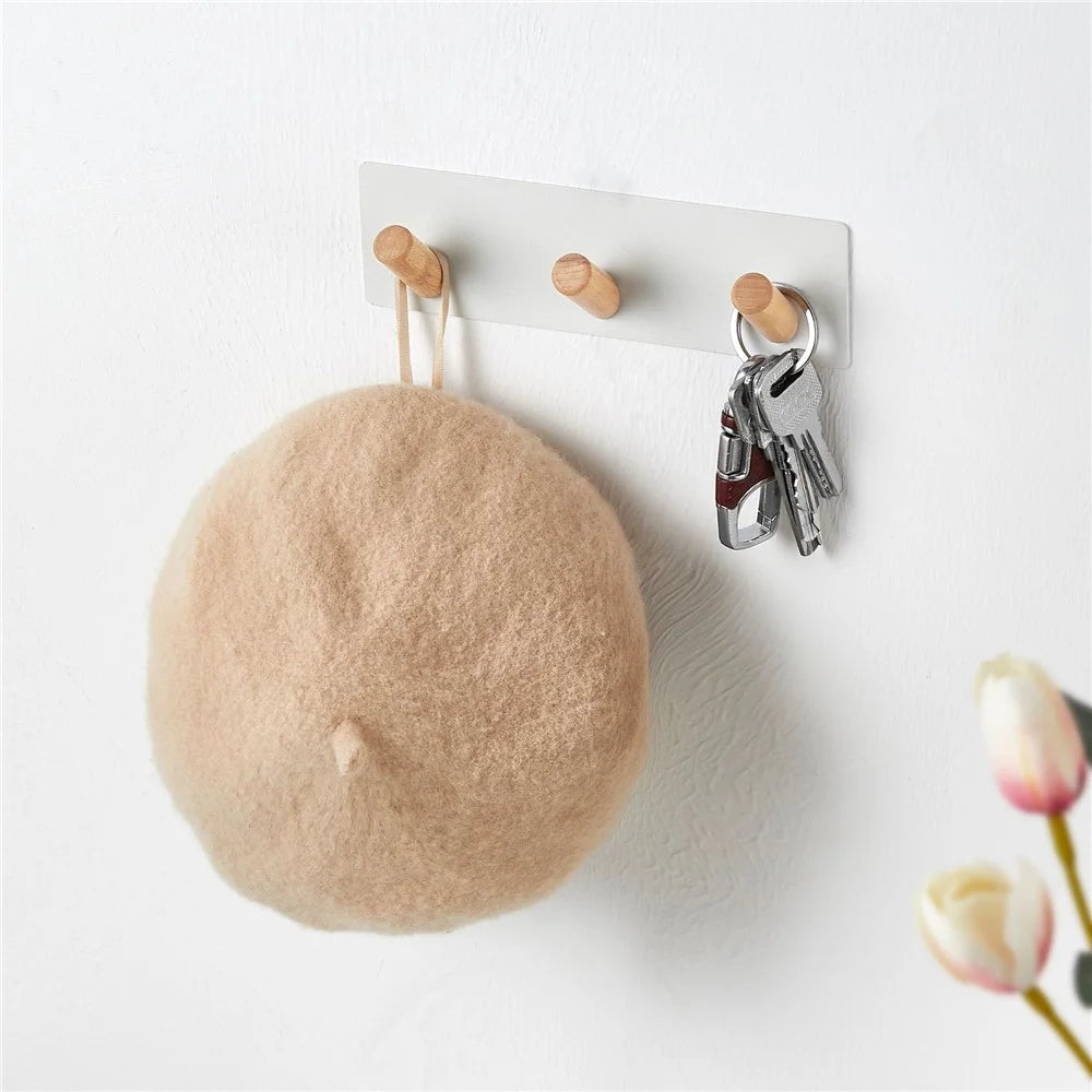 3-Hook Punch-free Magnetic Hanging Rack Carbon Steel + Beech Hat Key Hanging Hook - Black - 3