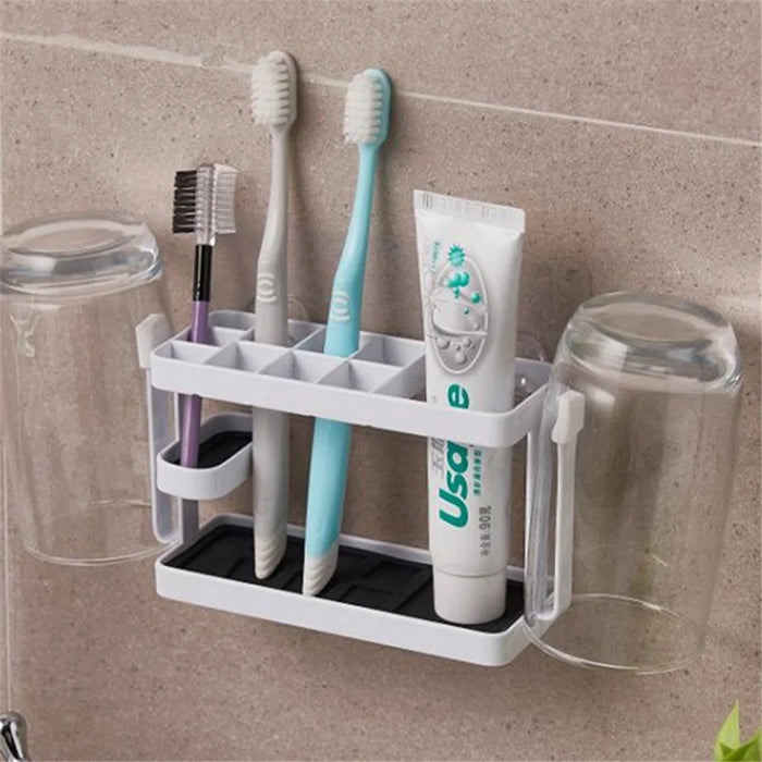 Toothbrush Holder Metal+Silicone Wall-Mounted Toothpaste Cup Hanger for Bathroom - White - 2