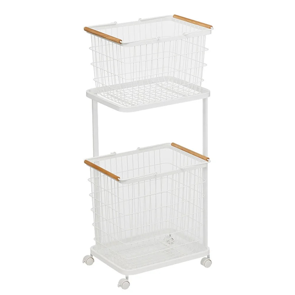 2 Tier Storage Cart Laundry Clothes Basket Metal Shelving Unit with Wheels - White - 1