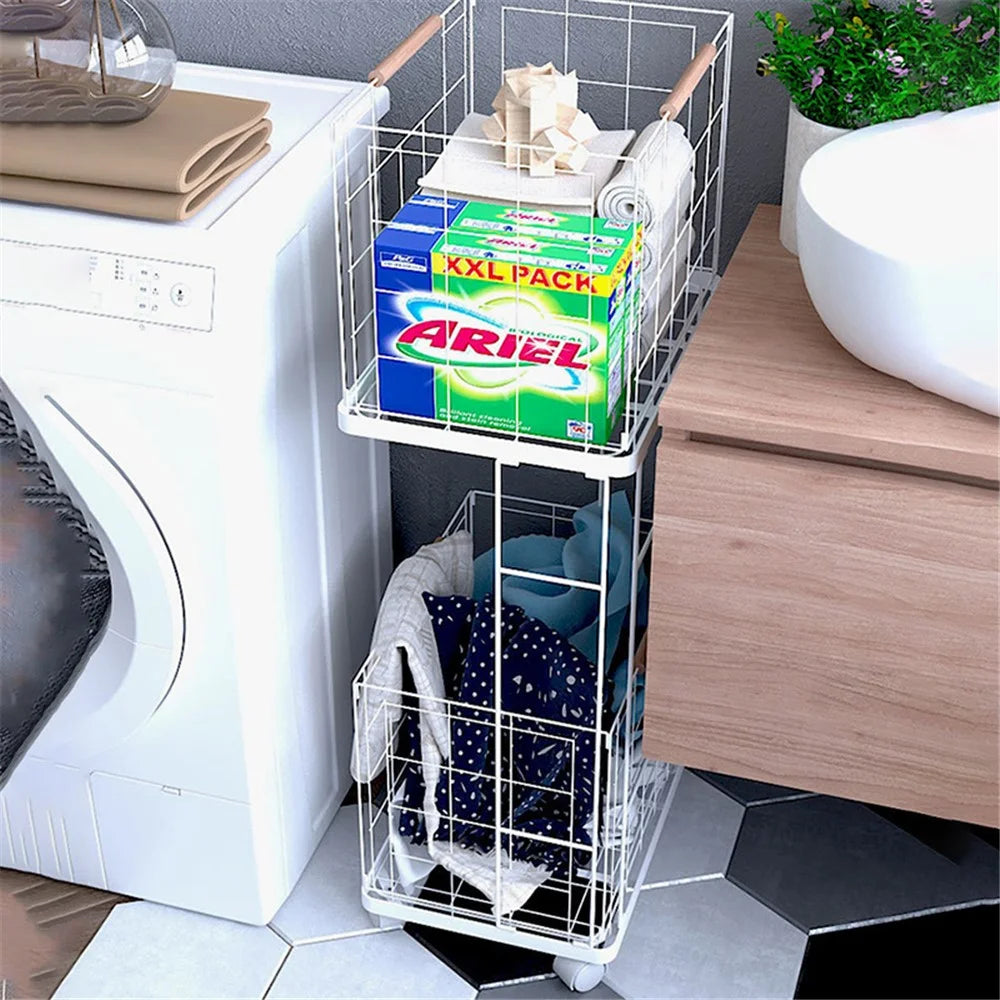 2 Tier Storage Cart Laundry Clothes Basket Metal Shelving Unit with Wheels - White - 3