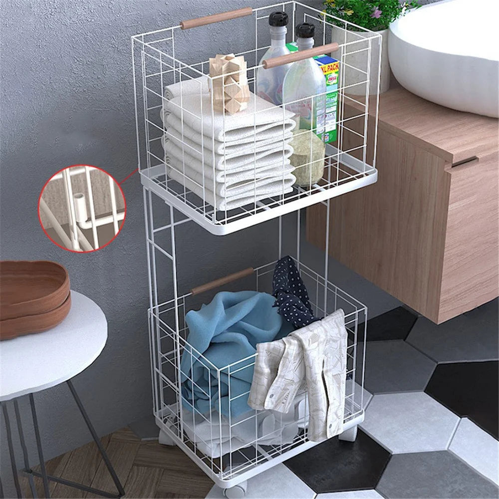 2 Tier Storage Cart Laundry Clothes Basket Metal Shelving Unit with Wheels - White - 4