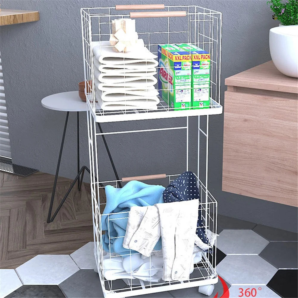 2 Tier Storage Cart Laundry Clothes Basket Metal Shelving Unit with Wheels - White - 6