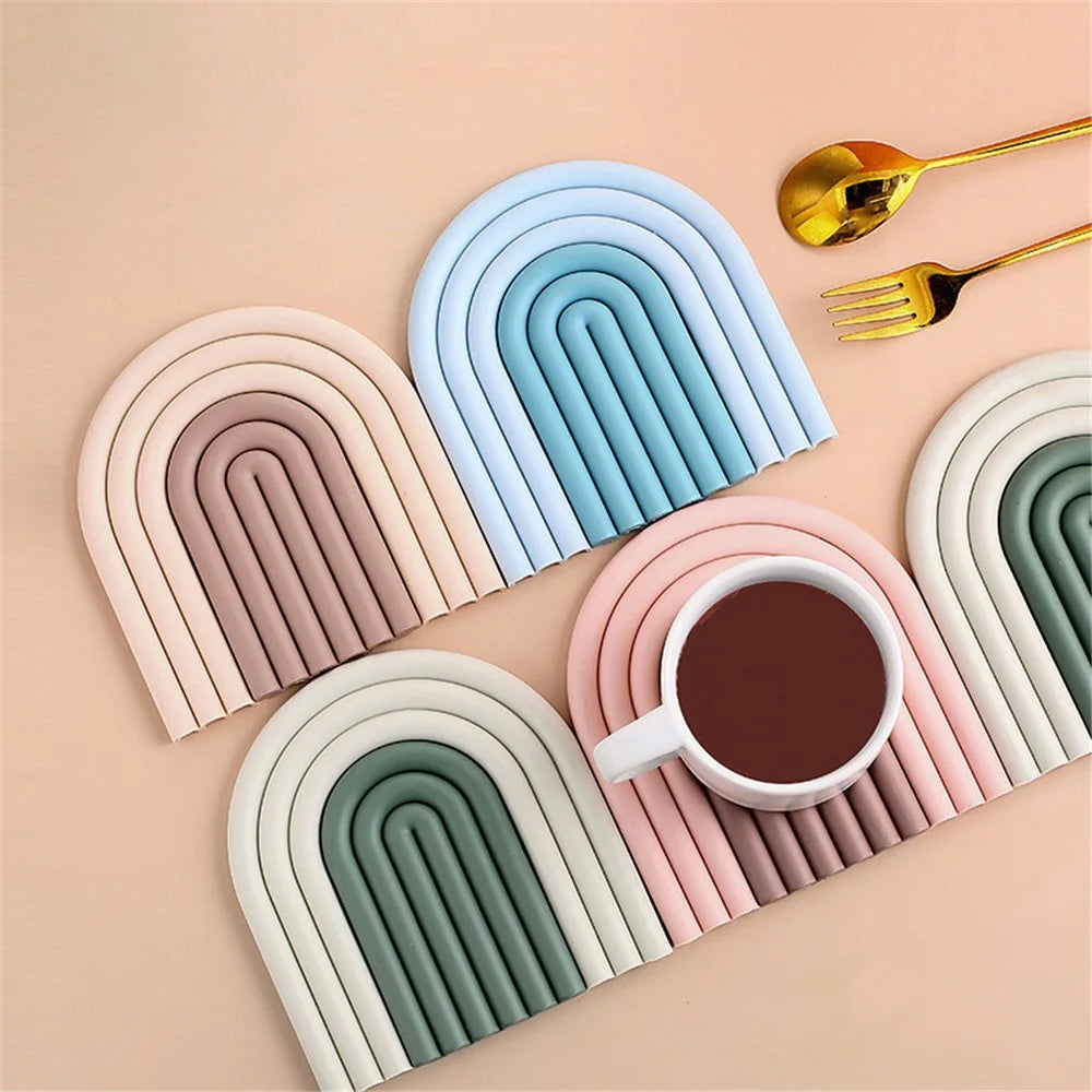 Rainbow Shape High Temperature Resistant Coaster Dining Table Mat Insulation Pad - Grey+Green - 4
