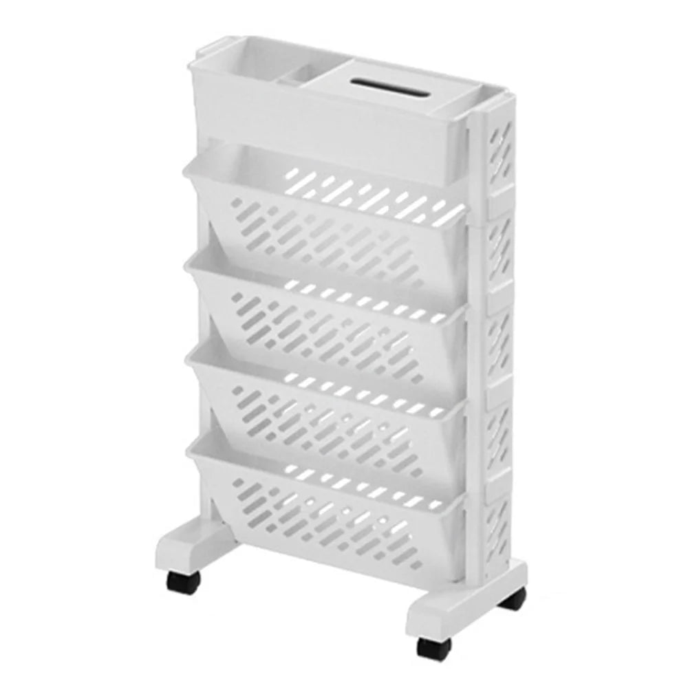 5-Tier Plastic Book Shelf with Wheels Tissue Box Design Hollow Storage Trolley - 1