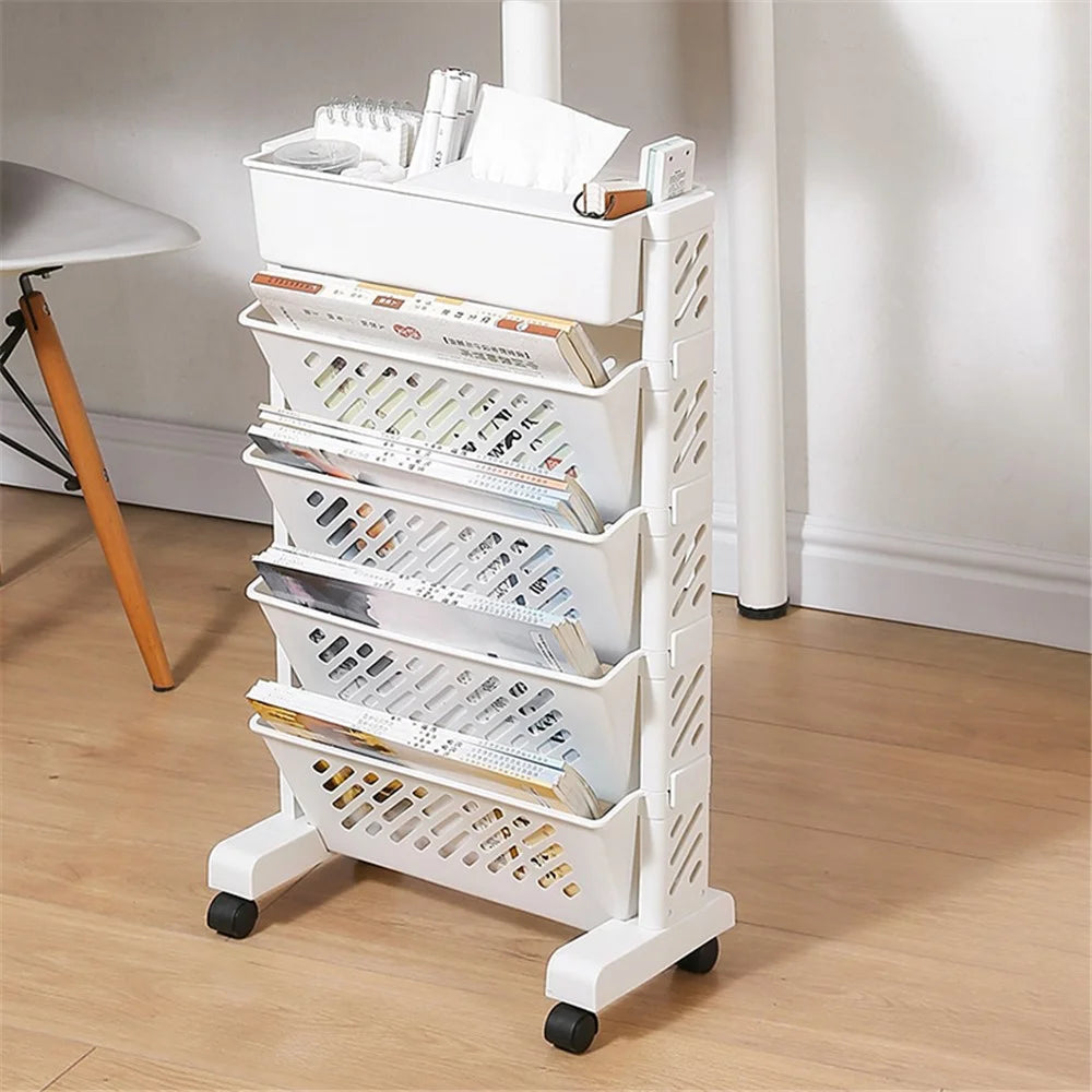 5-Tier Plastic Book Shelf with Wheels Tissue Box Design Hollow Storage Trolley - 2