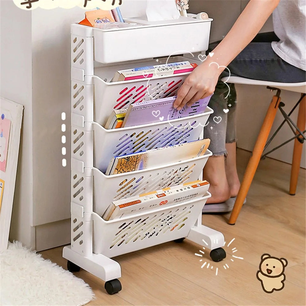 5-Tier Plastic Book Shelf with Wheels Tissue Box Design Hollow Storage Trolley - 3