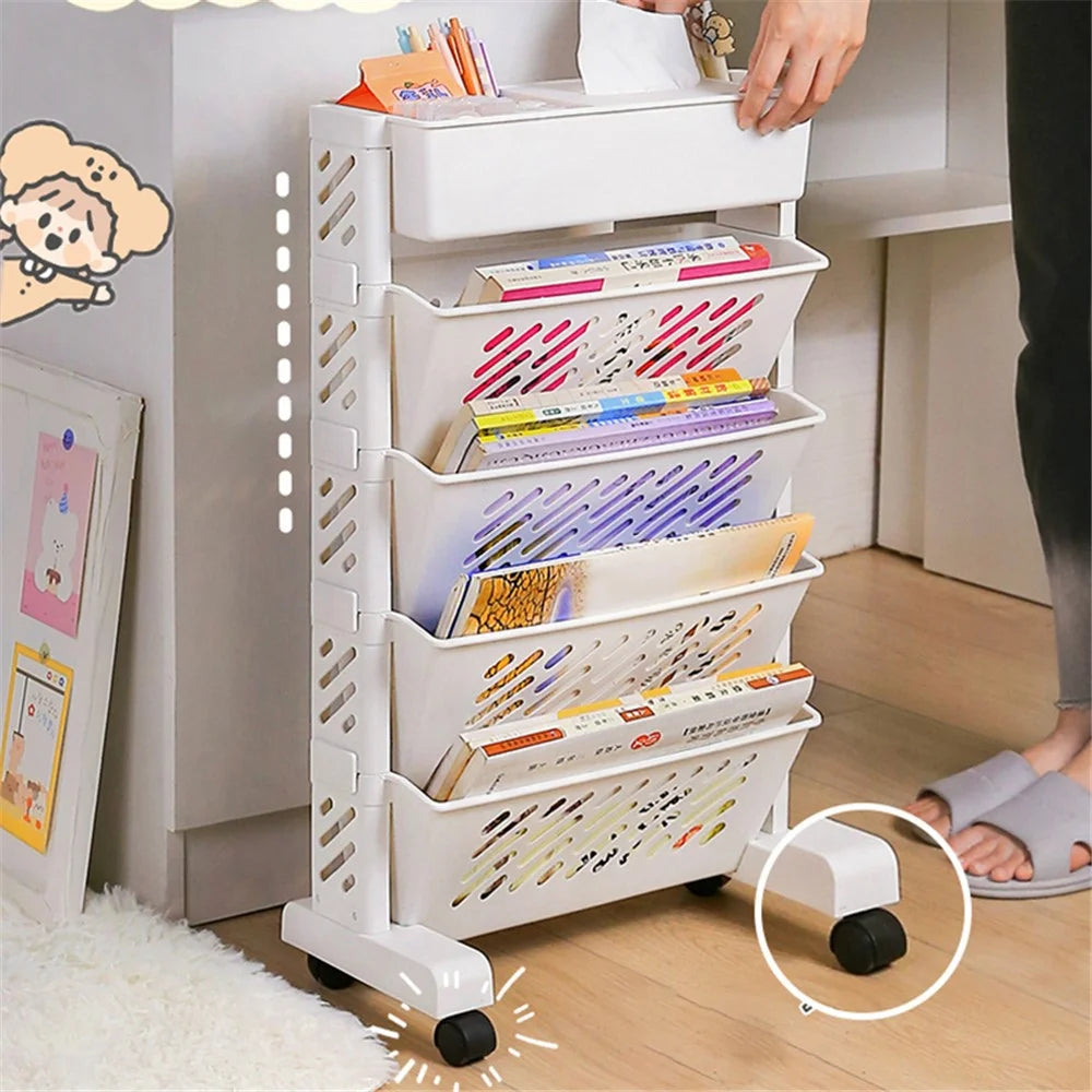 5-Tier Plastic Book Shelf with Wheels Tissue Box Design Hollow Storage Trolley - 4
