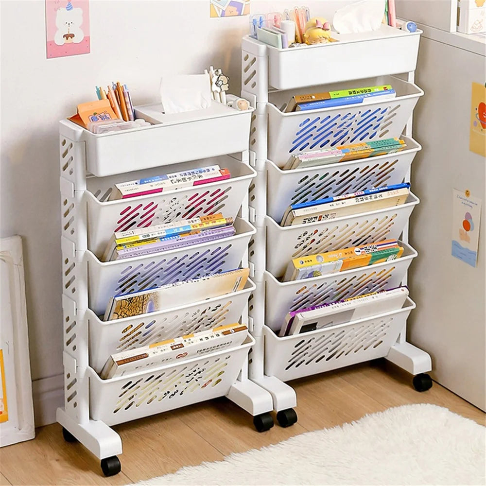 5-Tier Plastic Book Shelf with Wheels Tissue Box Design Hollow Storage Trolley - 5