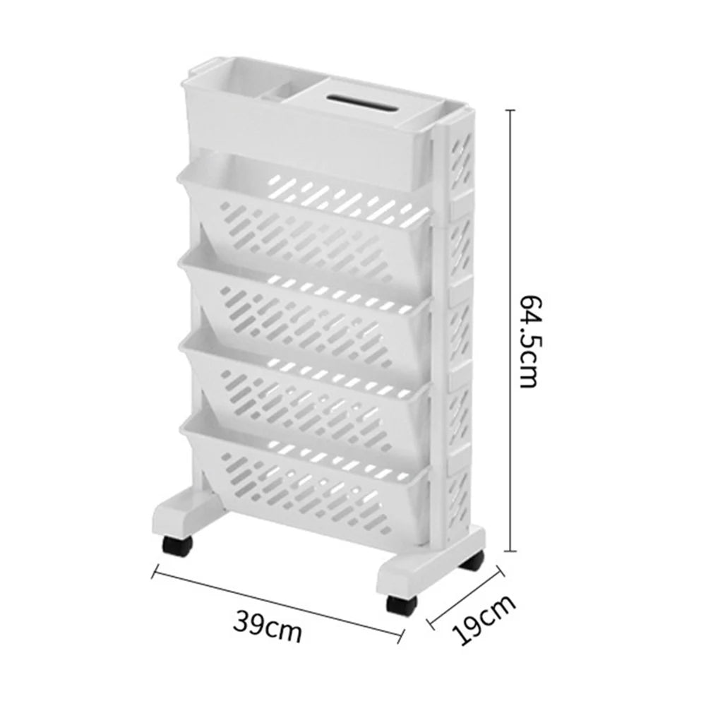 5-Tier Plastic Book Shelf with Wheels Tissue Box Design Hollow Storage Trolley - 6