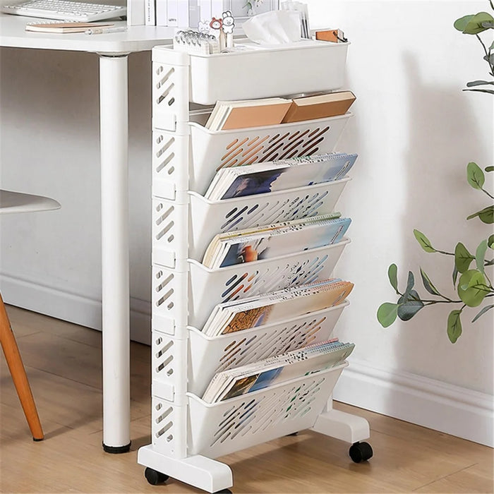 6-Tier Hollow Storage Trolley Tissue Box Design Plastic Book Shelf with Wheels - 2