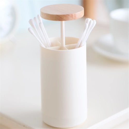Hand Press Toothpick Dispenser Box PP+Beechwood Cotton Swabs Holder Can - 1
