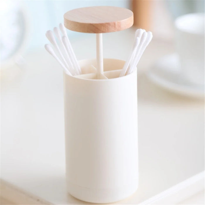 Hand Press Toothpick Dispenser Box PP+Beechwood Cotton Swabs Holder Can - 1