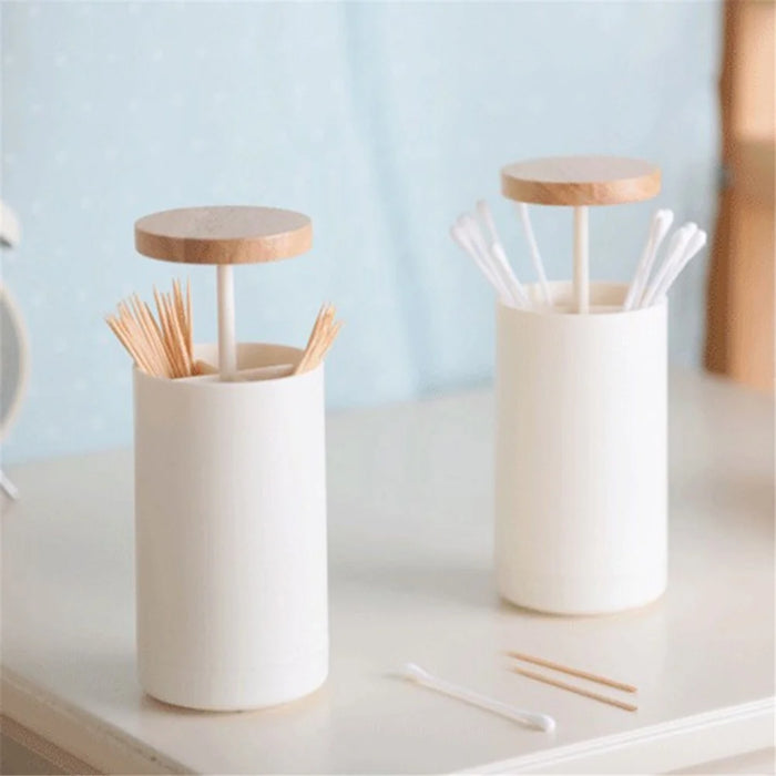 Hand Press Toothpick Dispenser Box PP+Beechwood Cotton Swabs Holder Can - 2