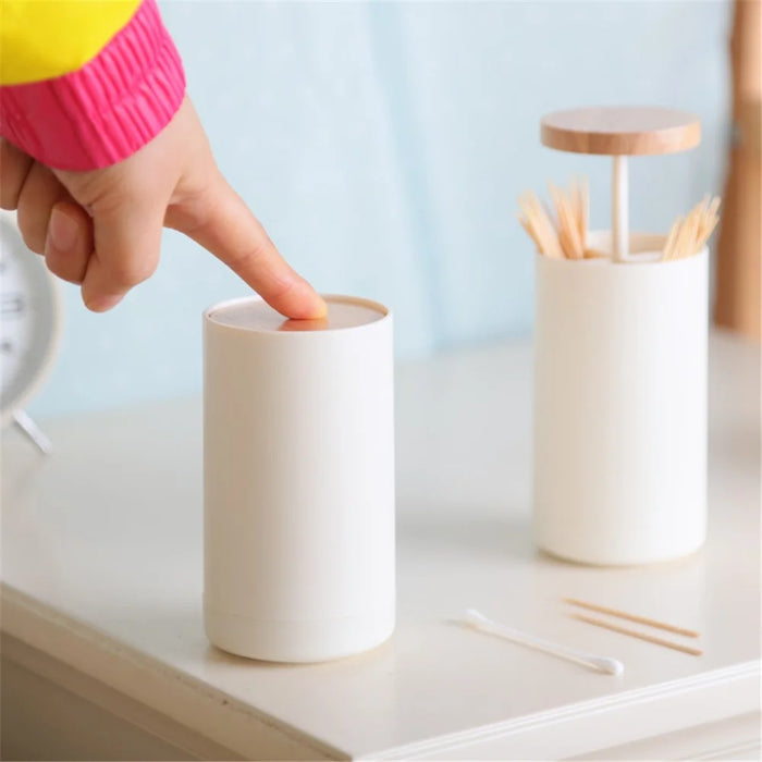 Hand Press Toothpick Dispenser Box PP+Beechwood Cotton Swabs Holder Can - 4
