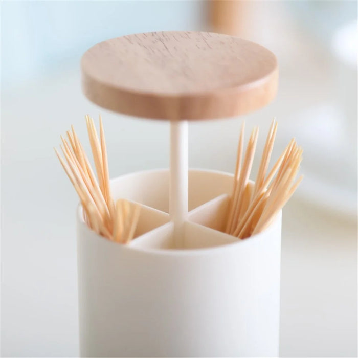 Hand Press Toothpick Dispenser Box PP+Beechwood Cotton Swabs Holder Can - 5