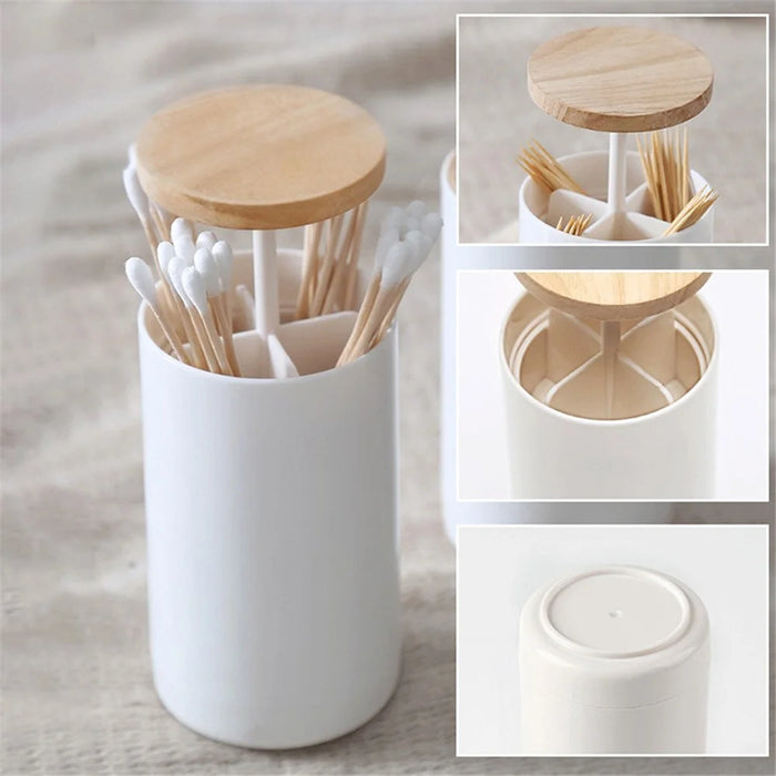 Hand Press Toothpick Dispenser Box PP+Beechwood Cotton Swabs Holder Can - 6