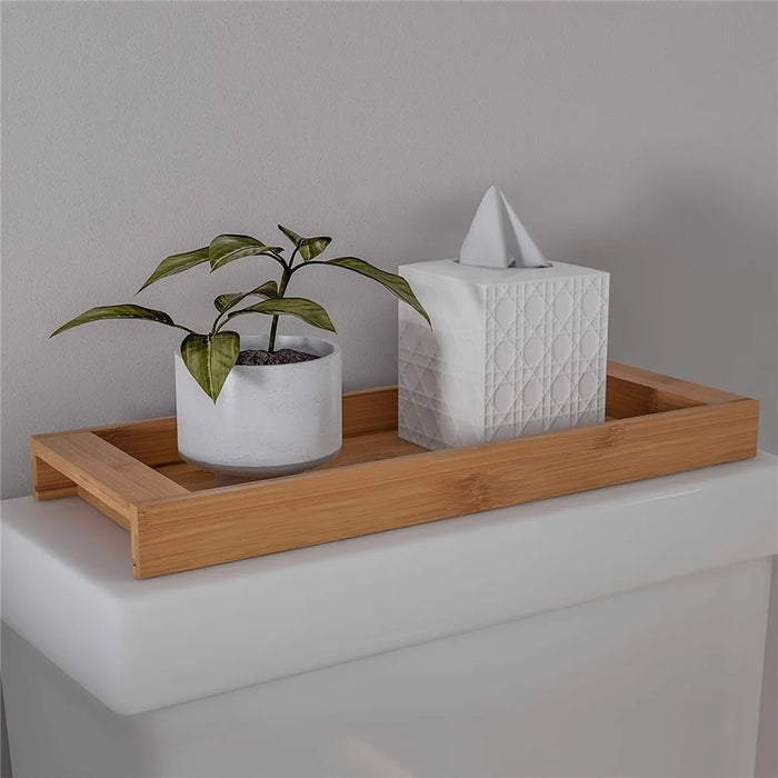 JJTZ Natural Bamboo Rectangular Tray Versatile Toilet Sink Tank Tray for Bathroom Counter Top - 3