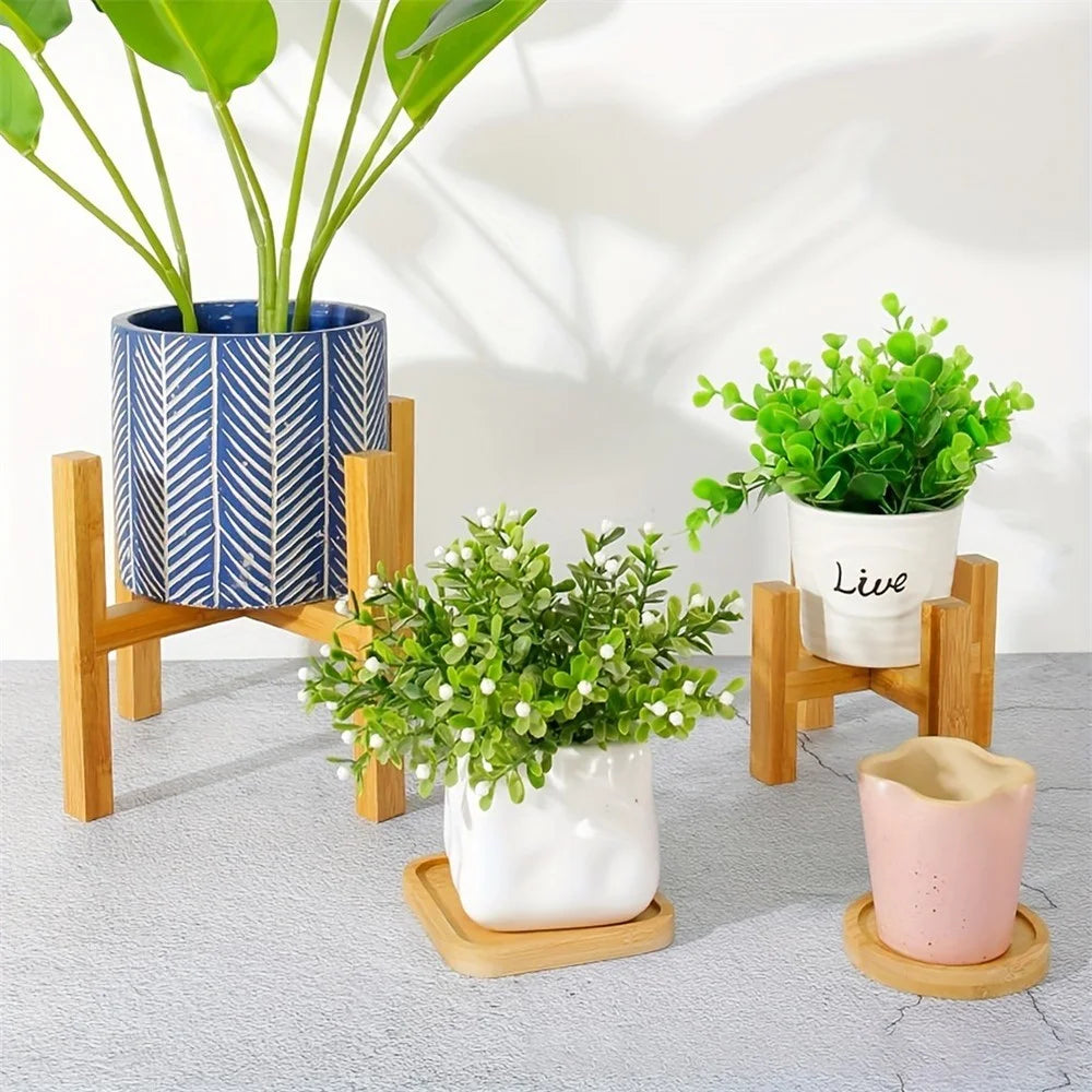 JJTZ Bamboo Floor Four Legged Flower Stand Cross-shaped Storage Shelf Planters Pots Display Rack, Size M - 3