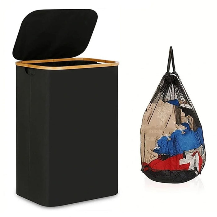 Bamboo + Oxford Cloth Collapsible Clothing Storage Laundry Basket with Lid - Black - 1