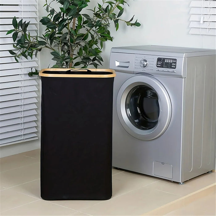 Bamboo + Oxford Cloth Collapsible Clothing Storage Laundry Basket with Lid - Black - 4