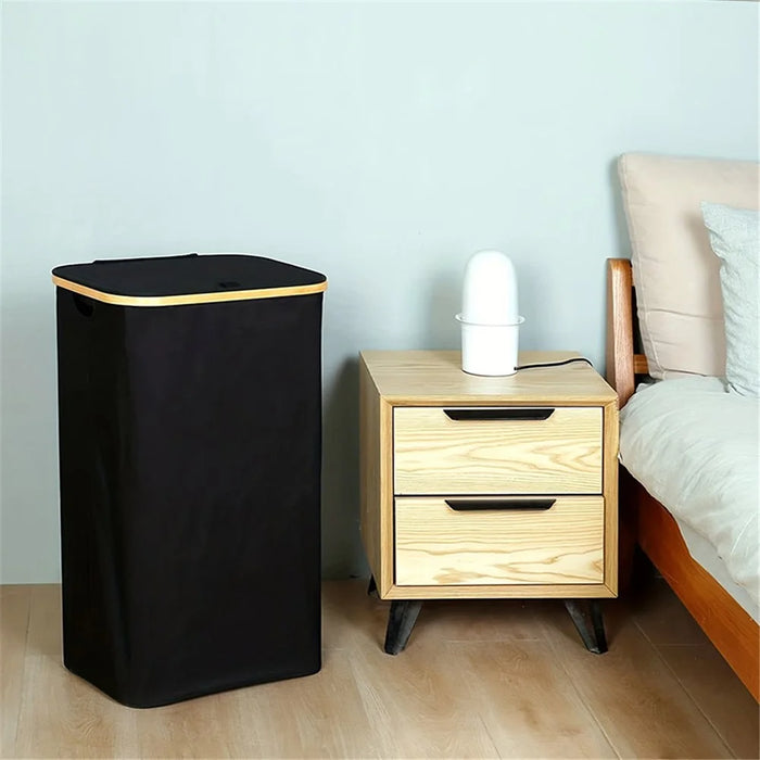 Bamboo + Oxford Cloth Collapsible Clothing Storage Laundry Basket with Lid - Black - 5