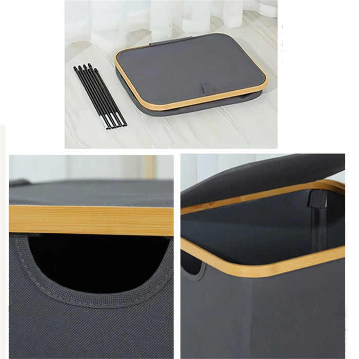 Bamboo + Oxford Cloth Collapsible Clothing Storage Laundry Basket with Lid - Black - 7