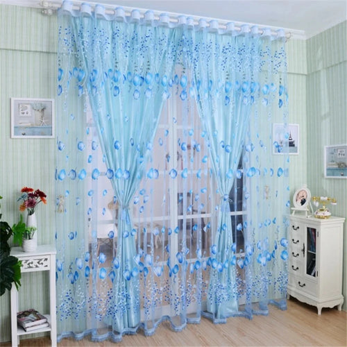 Tulip Pattern Light-Filtering Sheer Curtain Divider for Bedroom, 1x2.7m - Blue - 1