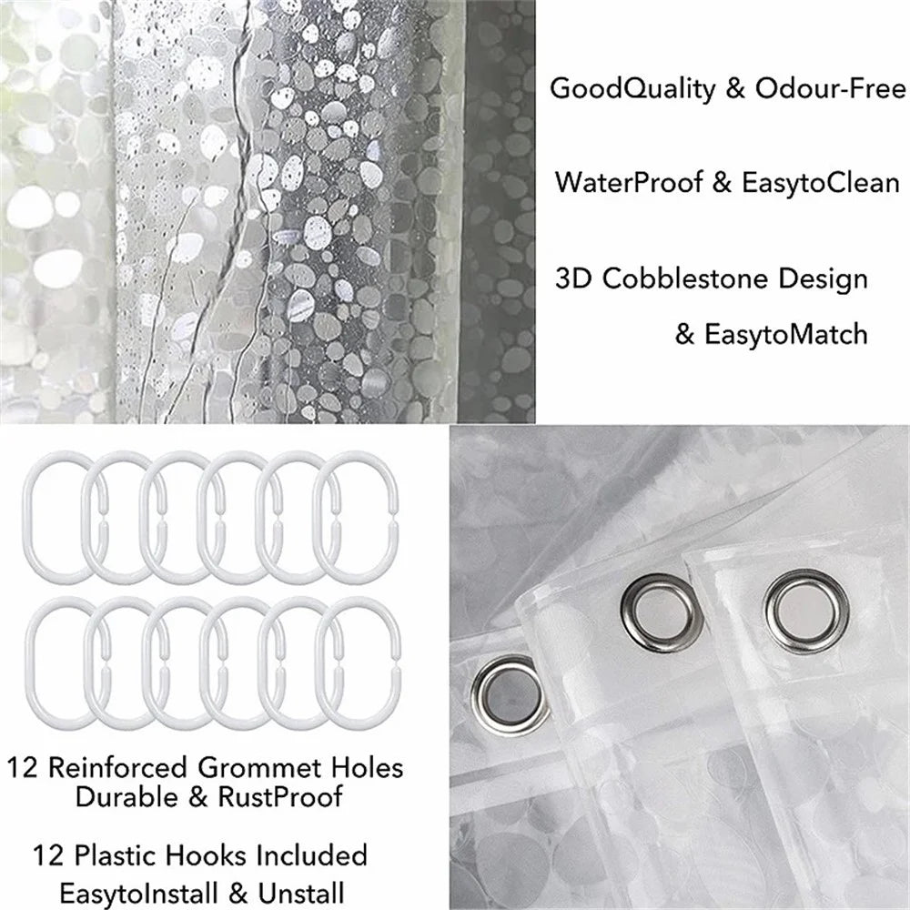 8001 PEVA 3D Pattern Shower Curtain with Steel Hooks for Bathroom, 180x180cm - Cobblestone - 3