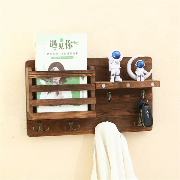 Rustic Wall-mounted Storage Rack Multifunctional Solid Wood Hanger Shelf - 2