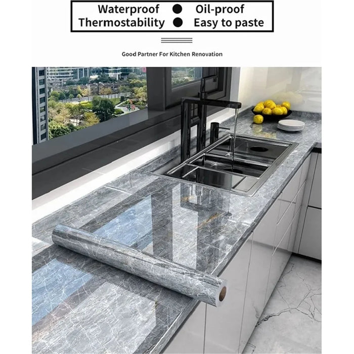 40x500cm Imitation Marble Thicken Self-Adhesive PVC Wallpaper Kitchen Counter Top Anti-Oil Sticker - Jazz White - 2