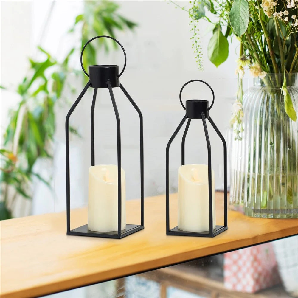 2Pcs / Set Iron Candle Holder with LED Candle Bedside Lamp Lantern Home Decor - 4