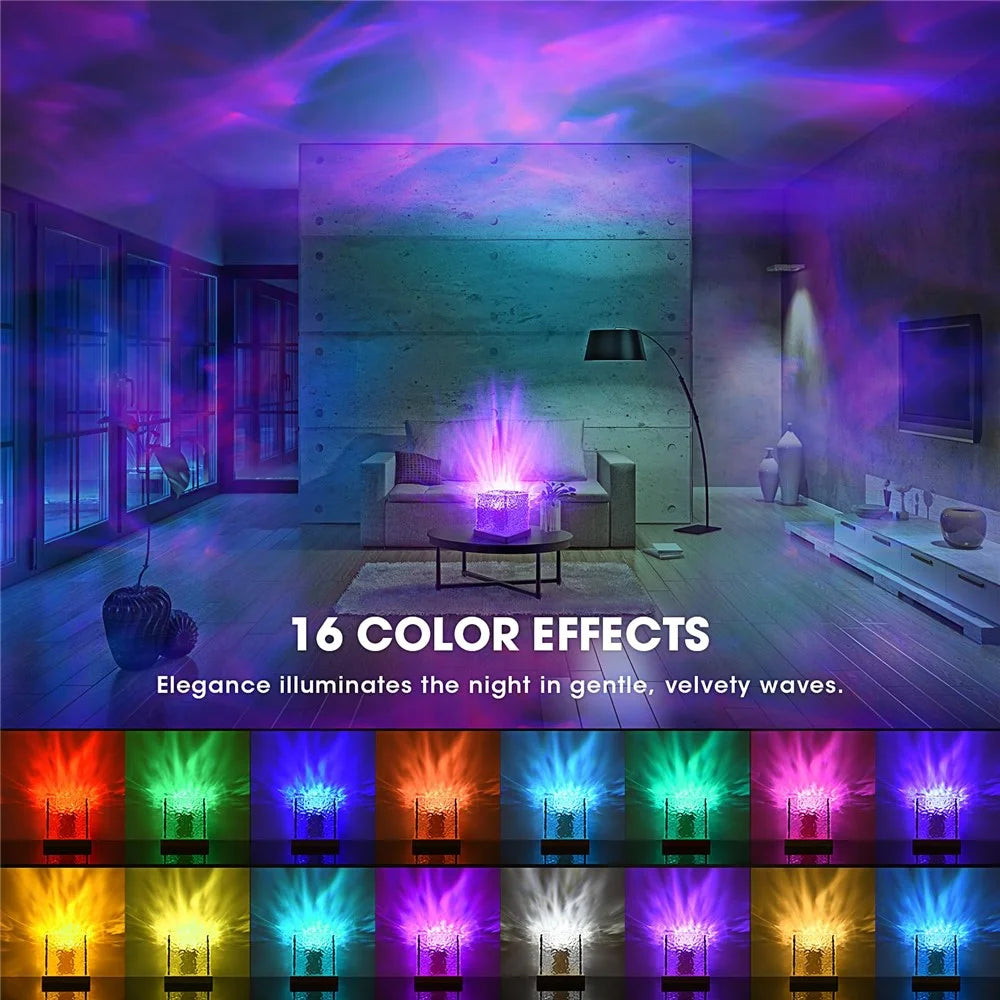 Cube Shape Northern Light Ocean Wave Projector Light 16 Colors Gradual Rotating Flame Lamp - 2