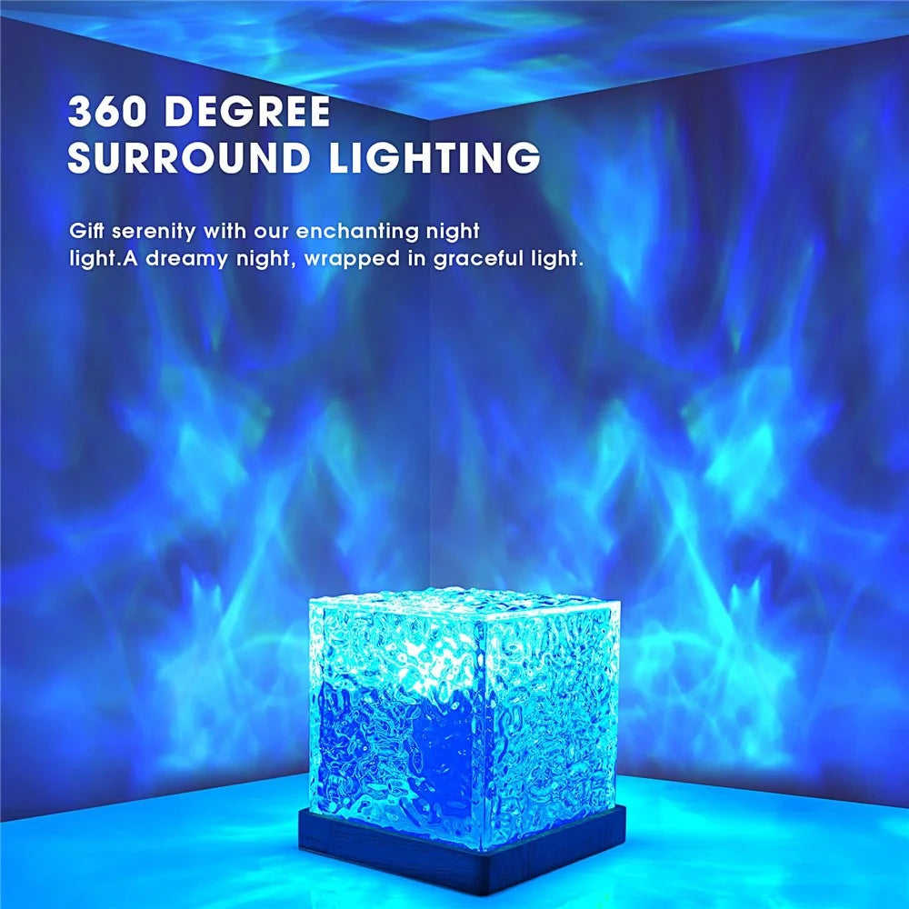 Cube Shape Northern Light Ocean Wave Projector Light 16 Colors Gradual Rotating Flame Lamp - 4