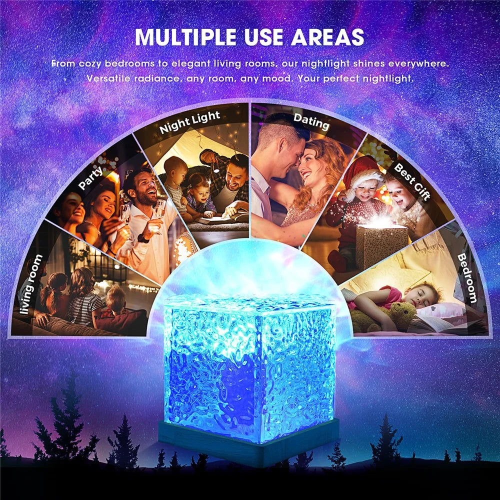 Cube Shape Northern Light Ocean Wave Projector Light 16 Colors Gradual Rotating Flame Lamp - 6