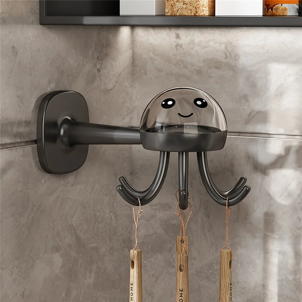 Cute Octopus Kitchen Rotating Hook Punch-Free Wall-Mounted Utensil Hanger - Black - 2