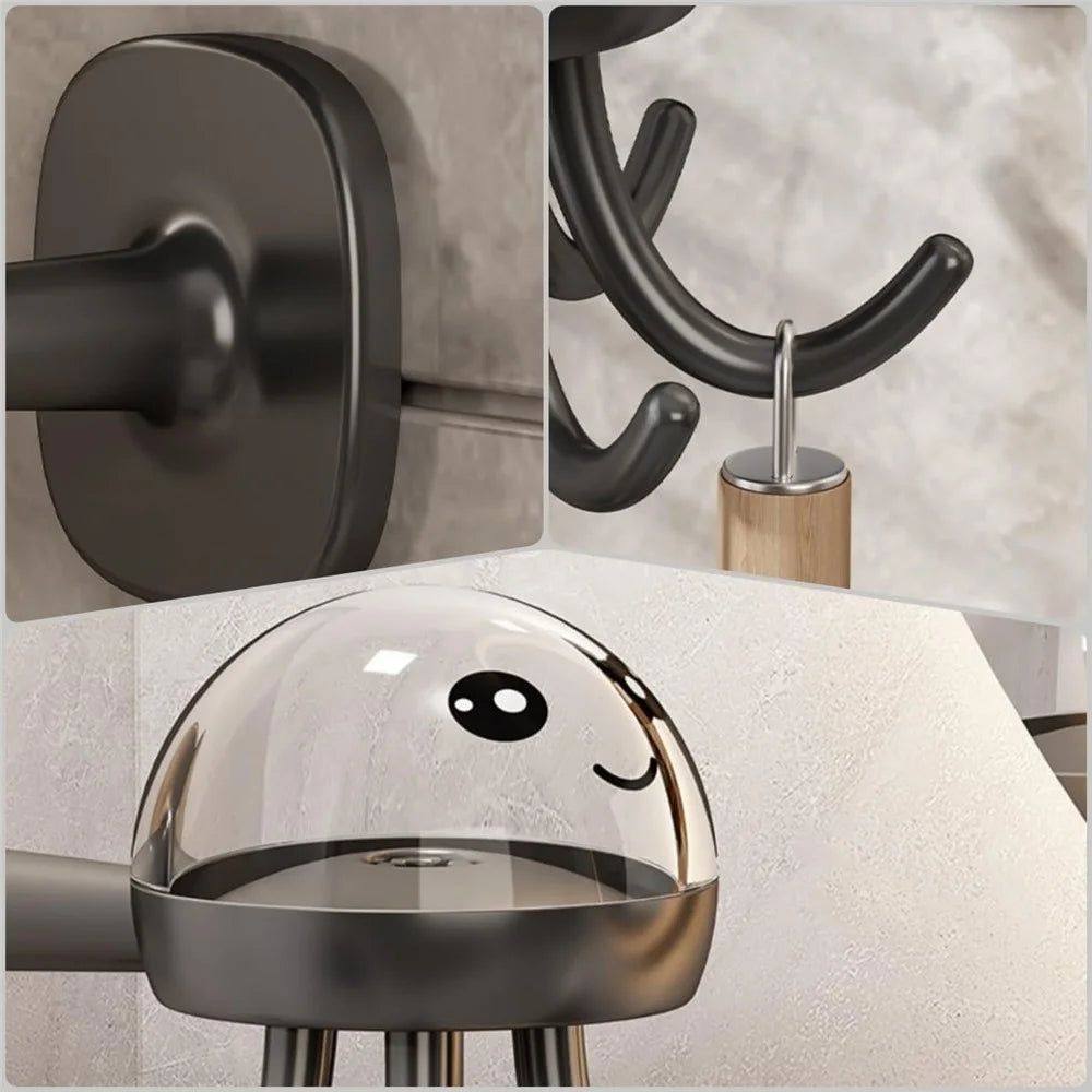 Cute Octopus Kitchen Rotating Hook Punch-Free Wall-Mounted Utensil Hanger - Black - 5