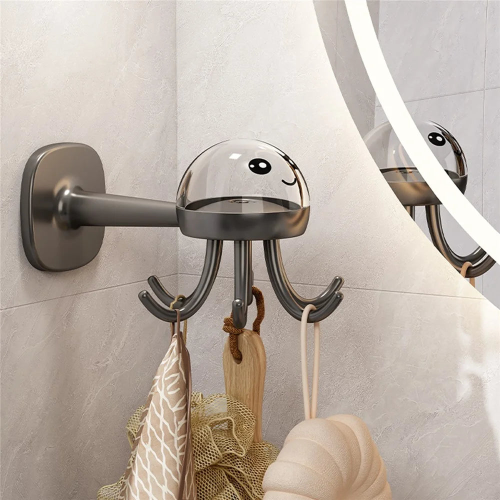 Cute Octopus Kitchen Rotating Hook Punch-Free Wall-Mounted Utensil Hanger - Black - 6