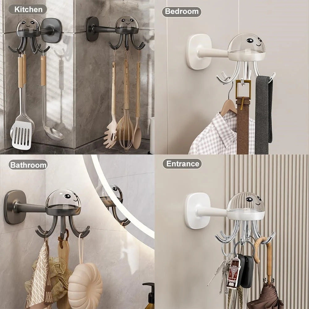Cute Octopus Kitchen Rotating Hook Punch-Free Wall-Mounted Utensil Hanger - Black - 7