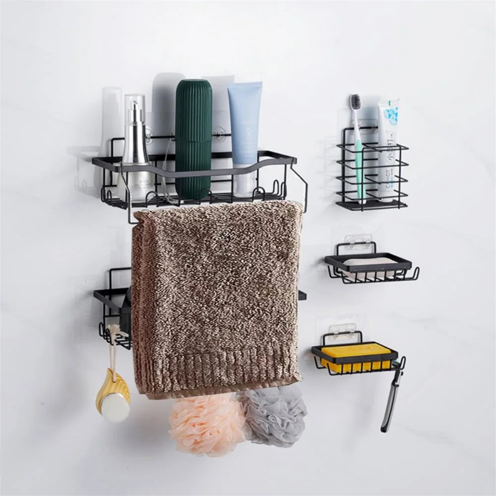 3Pcs / Set 6-Hook Style Punch-Free Carbon Steel Storage Basket Bathroom Draining Organization Rack - 7