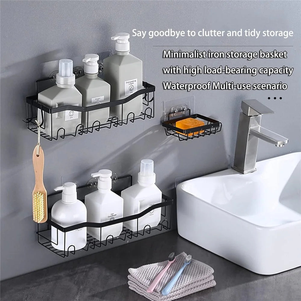 5Pcs / Set 6-Hook Style Punch-Free Carbon Steel Storage Basket Bathroom Draining Organization Rack - 3