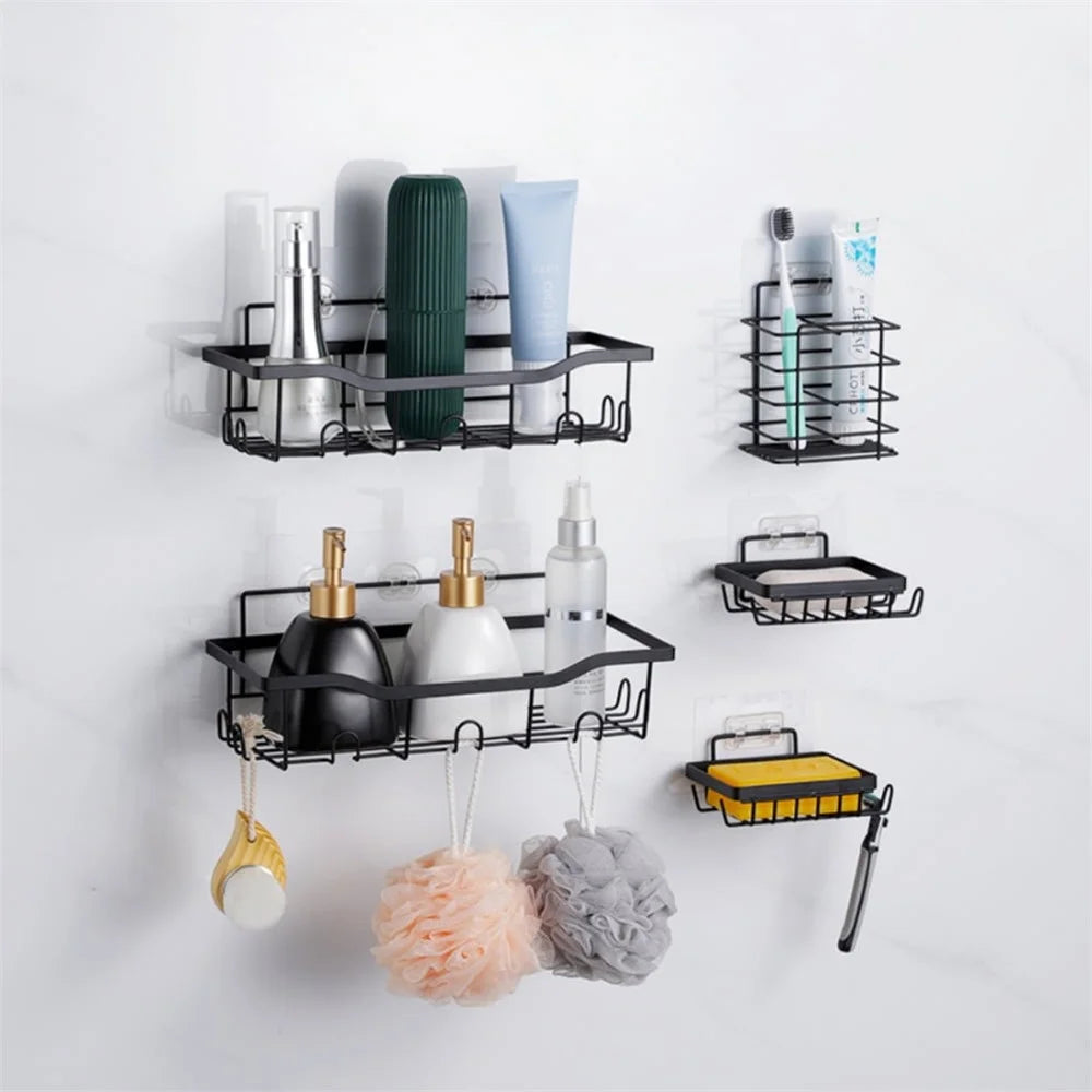 4Pcs / Set 6-Hook Style Punch-Free Carbon Steel Storage Basket Bathroom Draining Organization Rack - 3