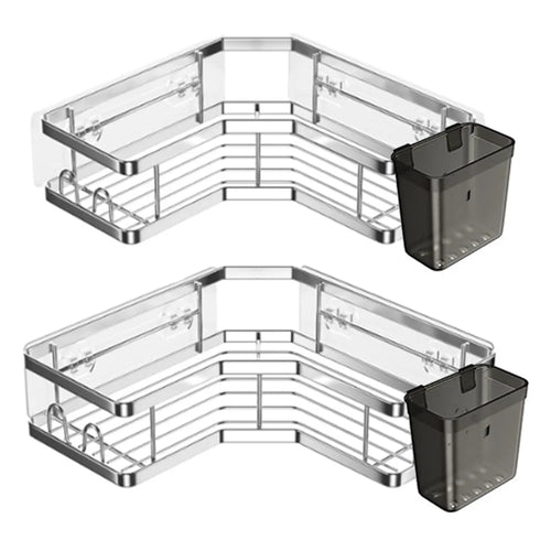 2Pcs L-Shape Punch-Free Iron Storage Rack Bathroom Kitchen Corner Mounted Shelf with Hanging Basket - Silver - 1