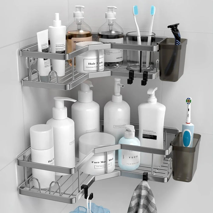 2Pcs L-Shape Punch-Free Iron Storage Rack Bathroom Kitchen Corner Mounted Shelf with Hanging Basket - Silver - 7