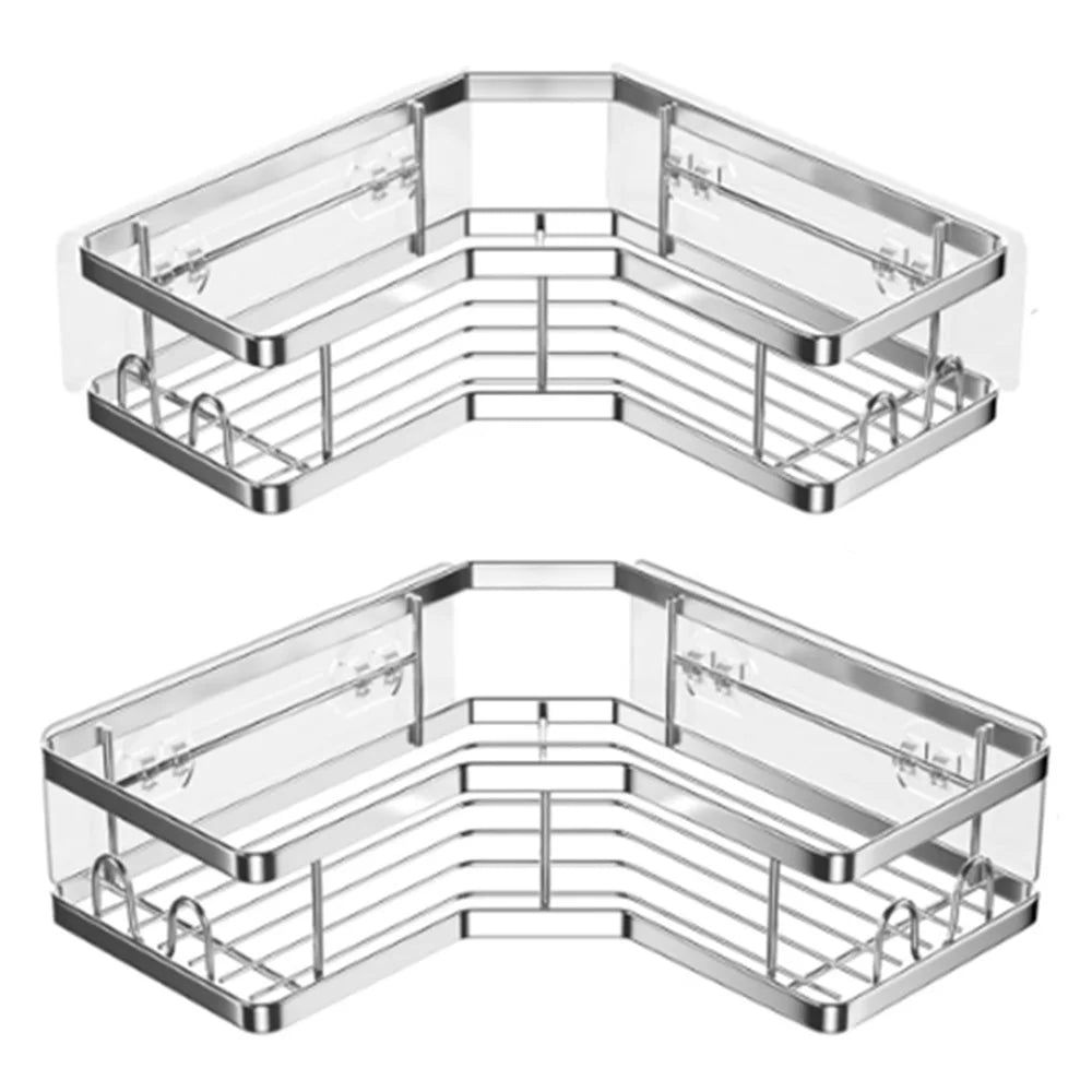 2Pcs L-Shape Punch-Free Iron Storage Rack Bathroom Kitchen Organization Corner Mounted Shelf - Silver - 1