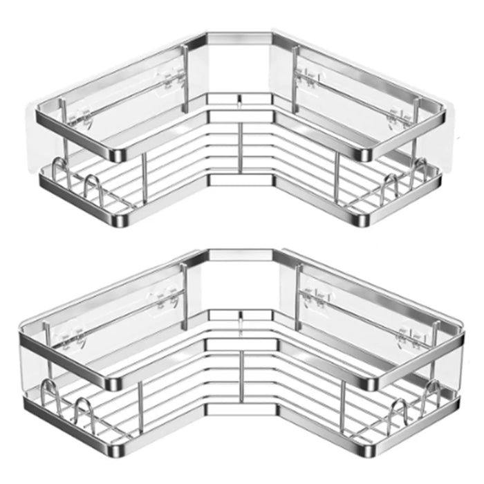 2Pcs L-Shape Punch-Free Iron Storage Rack Bathroom Kitchen Organization Corner Mounted Shelf - Silver - 1