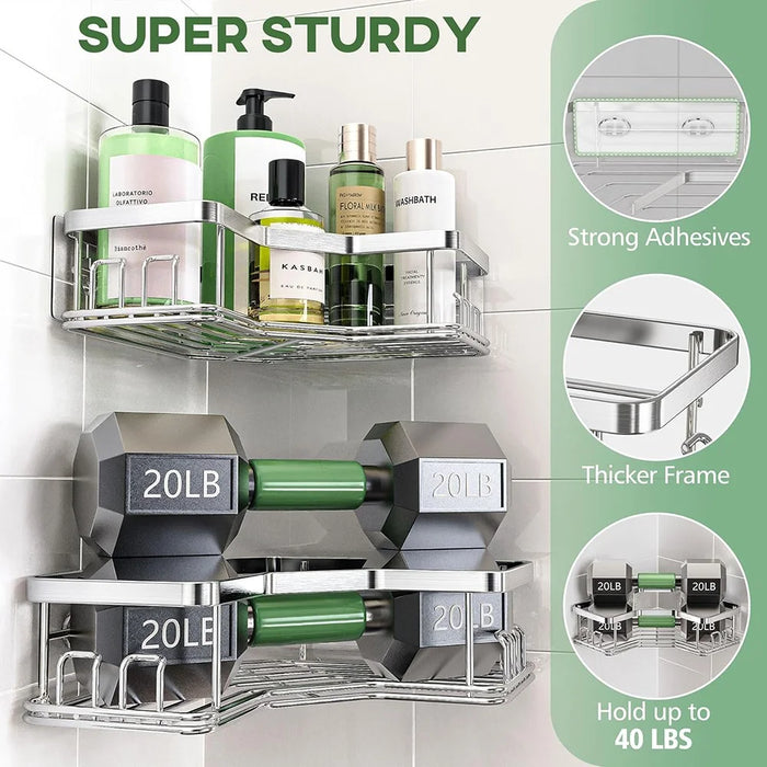 2Pcs L-Shape Punch-Free Iron Storage Rack Bathroom Kitchen Organization Corner Mounted Shelf - Silver - 2