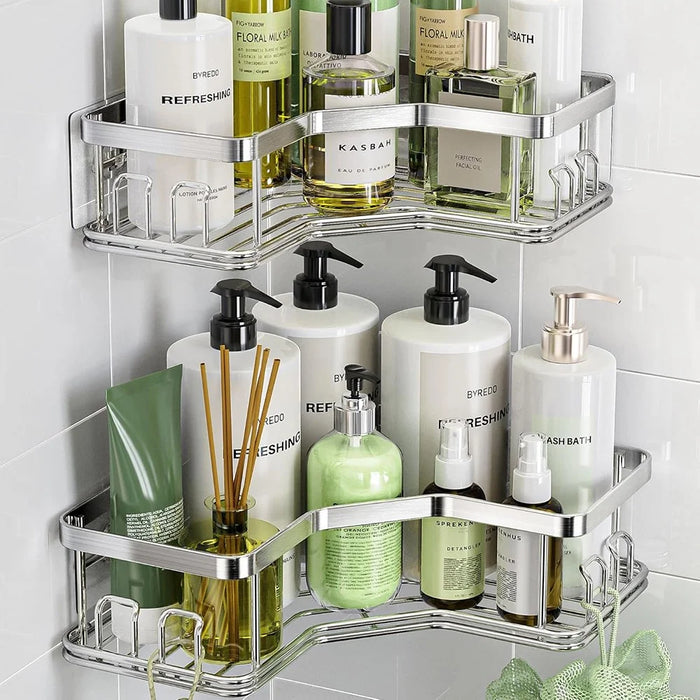 2Pcs L-Shape Punch-Free Iron Storage Rack Bathroom Kitchen Organization Corner Mounted Shelf - Silver - 5